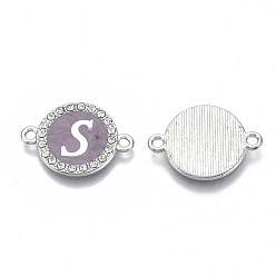 Letter S Alloy Enamel Links Connectors, with Crystal Rhinestones, Flat Round with Letter, Silver Color Plated, Letter.S, 22x16x2mm, Hole: 1.8mm