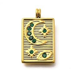Папоротник Зеленый 304 из нержавеющей стали горный хрусталь подвески, ионное покрытие (ip), реальный 14 k позолоченный, прямоугольник с лунным узором подвески, Папоротник зеленый, 22x13x2.5 мм, отверстие : 2.5 мм