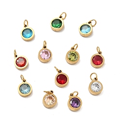 Mixed Color Vacuum Plating 304 Stainless Steel Pendants, with Cubic Zirconia and Jump Rings, Single Stone Charms, Flat Round, Golden, Mixed Color, 9.5x7.5x3mm, Hole: 3.6mm