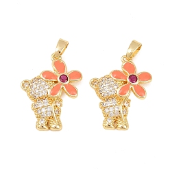 Золотой Латунные микропаве прозрачные подвески с фианитом, с эмалью, мишка с цветочными подвесками, долговечный, стойки покрытие, без свинца и без кадмия, золотые, 21x17x4 мм, отверстие : 5x2.5 мм