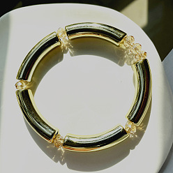 Gold Acrylic Curved Tube Beaded Stretch Bracelet, Imitation Gemstone Jewelry for Women, Gold