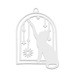 Stainless Steel Color 201 Stainless Steel Pendants, Laser Cut, Birdcage with Cat, Stainless Steel Color, 32x21.5x1mm, Hole: 1.6mm