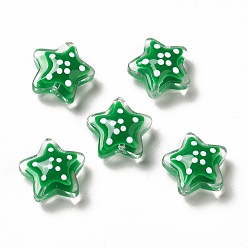 Green Transparent Glass Beads, with Polka Dot Pattern, Star, Green, 13x13x6.5mm, Hole: 1mm