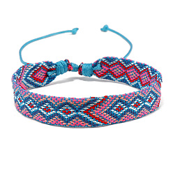 Light Sky Blue Cotton Braided Rhombus Cord Bracelet, Ethnic Tribal Adjustable Bracelet for Women, Light Sky Blue, Inner Diameter: 7-1/8~9-7/8 inch(18~25cm)