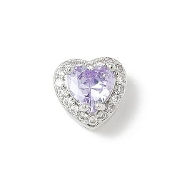 Сливовый Латунные бусины, сердце, с микропаве из кубического циркония и кристаллического циркония, без кадмия и без свинца, июнь, платина, слива, 9x10x7 мм, отверстие : 2/3x2 мм