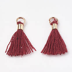 Brown Polycotton(Polyester Cotton) Tassel Pendant Decorations, Mini Tassel, with Brass Findings, Light Gold, Brown, 10~15x3~4mm, Hole: 2mm