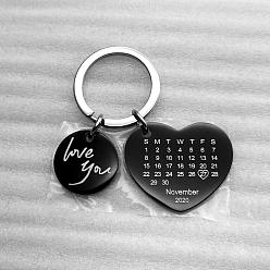 Black Stainless Steel Pendants Keychain, with Key Rings, Heart with Calendar & Flat Round with Word I Love You, Electrophoresis Black & Stainless Steel Color, 2.5x3cm, Ring: 25mm