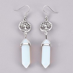 Opalite Pointed Bullet Opalite Dangle Earrings, with Brass Earring Hooks and Flat Round with Tree of Life Links, Platinum, 76mm, Pin: 0.7mm