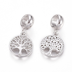 Platinum Brass Micro Pave Clear Cubic Zirconia European Dangle Charms, Large Hole Pendants, Flat Round with Tree of Life, Platinum, 23mm, Hole: 5mm, Flat Round: 14x12x2mm