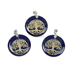 Ляпис-Лазурь Плоские круглые подвески из натурального лазурита, подвески в виде дерева жизни с платиновым покрытием, латунные, с застежкой на дужке, без кадмия и без свинца, 30.5~32x25~25.5x6.5~7.5 мм, отверстие : 4.5x3.5 мм