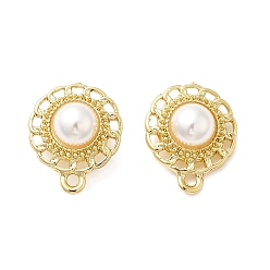 Golden Alloy Stud Earring Findings, with Plastic Pearl Beaded & 925 Sterling Silver Pins & Horizontal Loops, Flower, Golden, 19.5x16x6mm, Hole: 1.8mm, Pin: 0.6mm