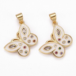 White Brass Micro Pave Clear Cubic Zirconia Pendants, with Enamel, Long-Lasting Plated, Real 18K Gold Plated, Butterfly, White, 15.5x19.5x2.5mm, Hole: 3x4mm