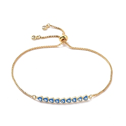 Dodger Blue Enamel Heart with Evil Eye Link Slider Bracelet with Cubic Zirconia, Real 18K Gold Plated Brass Lucky Jewelry for Women, Dodger Blue, Inner Diameter: 1/2~3-1/4 inch(1.2~8.3cm)