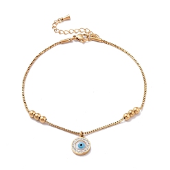 Golden Synthetic Shell Evil Eye Charm Bracelet with Crystal Rhinestone, Ion Plating(IP) 304 Stainless Steel Jewelry for Women, Golden, 8-5/8 inch(22cm)