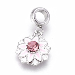 Stainless Steel Color 304 Stainless Steel European Dangle Charms, Large Hole Pendants, with Enamel and Rhinestone, Flower, White, Stainless Steel Color, 25mm, Hole: 4mm, Pendant: 15x12.5x4mm