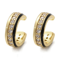 Черный C-образные латунные серьги-каффы с микропаве из кубического циркония, с эмалью, долговечный, без кадмия и без свинца, стойки покрытие, реальный 18 k позолоченный, чёрные, 11x3.5x10 мм