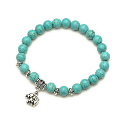 Elephant 2 Turquoise Beaded Bracelet Set with Cross Pendant - Vintage Natural Stone Jewelry