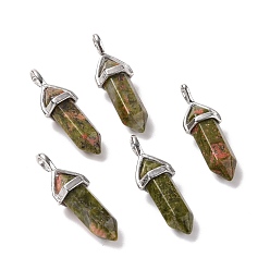 Unakite Natural Unakite Pendants, Faceted, with Platinum Tone Brass Findings, Lead free & Cadmium Free, Bullet, 27~30x9~10x7~8mm, Hole: 4x3mm