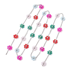 Stainless Steel Color Colorful Glass Beaded Flower Link Chains, with 304 Stainless Steel Cable Chains, Stainless Steel Color, 101x11x4.5mm, about 3.20 Feet(0.98m)/Strand