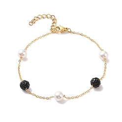 Black 6mm Round Polymer Clay Rhinestone & Imitation Pearl Link Bracelets, 304 Stainless Steel Cable Chain Bracelets for Women, Real 24K Gold Plated, Black, 7-1/8 inch(18cm), Bead: 6mm