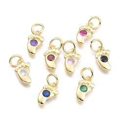 Mixed Color Brass Micro Pave Cubic Zirconia Pendants, with Jump Ring, Baby Foot, Real 18K Gold Plated, Mixed Color, 10.5x6x2.2mm, Ring: 5x0.8mm, Hole: 3mm