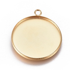 Golden Ion Plating(IP) 304 Stainless Steel Pendant Cabochon Settings, Plain Edge Bezel Cups, Flat Round, Golden, Tray: 25mm, 30.5x26.5x2mm, Hole: 2.2mm