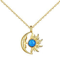 Real 18K Gold Plated Moon & Sun 925 Sterling Silver Pendant Necklaces, with Synthetic Opal, Real 18K Gold Plated, 15.87 inch(40.3cm)