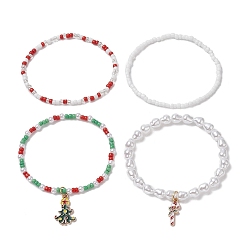 Mixed Color 4Pcs 4 Style Glass Pearl & Seed Beaded Stretch Bracelets Set, Christmas Tree & Candy Cane Alloy Enamel Charms Stackable Bracelets for Women, Mixed Color, Inner Diameter: 2-3/8 inch(6cm), 1Pc/style
