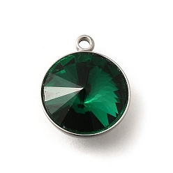 Изумруд 304 подвески из нержавеющей стали, со стразами, цвет нержавеющей стали, плоско-круглые, изумруд, 16.5x13.5x7.5 мм, отверстие : 1.6 мм