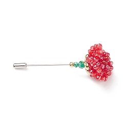 Red Glass Braided Bead Flower Lapel Pin, Brass Safety Pin Brooch for Suit Tuxedo Corsage Accessories, Red, 75mm