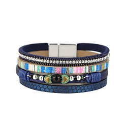Прусский Синий Богемный многослойный браслет с инкрустацией кожей и бриллиантами - женский браслет ручной работы.