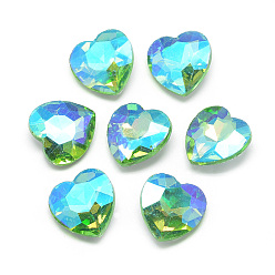 Light Green Pointed Back Glass Rhinestone Cabochons, Faceted, Back Plated, AB Color Plated, Heart, Light Green, 12.2x11.8x5mm