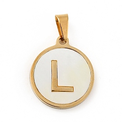 Letter L Vacuum Plating 304 Stainless Steel with White Shell Pendants, Golden, Flat Round with Letter Charm, Letter.L, 18x16x1.5mm, Hole: 3x6mm
