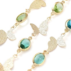 Real 18K Gold Plated Handmade Brass Oval & Butterfly Link Chains, with Colorful Glass Beaded, with Spool, Soldered, Real 18K Gold Plated, Butterfly: 17.5x11x1.5mm, Oval: 13.5x6.5x3mm, about 16.40 Feet(5m)/Roll