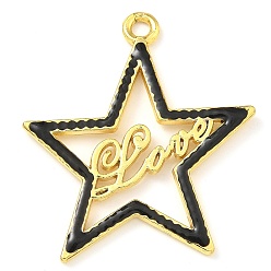Черный Подвески из латуни с эмалью в стойку, с целью перехода в кольце, долговечный, без свинца и без кадмия, реальный 18 k позолоченный, звезда с узором слова «любовь», чёрные, 37.5x34x2 мм, отверстие : 4 мм