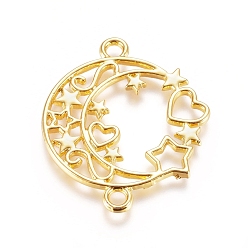 Golden Zinc Alloy Links connectors, Open Back Bezel, For DIY UV Resin, Epoxy Resin, Pressed Flower Jewelry, Moon with Star and Heart, Golden, 34.5x29x1.8mm, Hole: 2.7mm