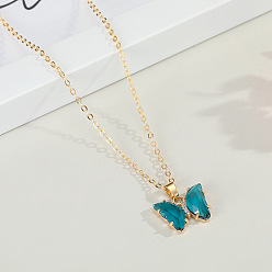 Blue Delicate Crystal Butterfly Pendant Necklace - Lockbone Chain Jewelry, Exquisite Design.