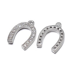 Real Platinum Plated Horseshoe Brass Micro Pave Cubic Zirconia Charms, Grade AAA, Lead Free & Nickel Free & Cadmium Free, Real Platinum Plated, 14.5x10x2mm, Hole: 1mm