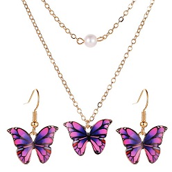 Magenta Light Gold Alloy Butterfly Jewelry Set with Plastic Pearl, Enamel Pendant Necklace and Dangle Earrings, Magenta, 500mm