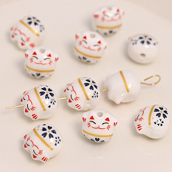 White Handmade Porcelain Beads, Maneki Neko Cat, White, 13x14mm