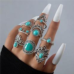 Antique Silver 8Pcs 8 Style Synthetic Turquoise Finger Rings Sets, Crown & Flower Alloy Stackable Rings, Antique Silver, Inner Diameter: 16~18mm, 1Pc/style