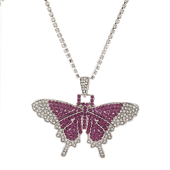 Rose Butterfly Rhinestone Pendant Necklaces, with Platinum Alloy Chains, Rose, 18.31 inch(46.5cm)