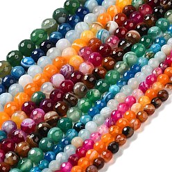 Mixed Color Natural Striped Agate/Banded Agate Beads Strands, Dyed & Heated, Faceted Round, Mixed Color, 12mm, Hole: 1.2mm, about 32pcs/strand, 15''(38.1cm)