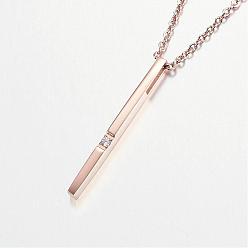 Rose Gold 304 Stainless Steel Cubic Zirconia Pendant Necklaces, Bar/Stick, Rose Gold, 17.7 inch(45cm)