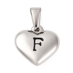 Letter F 304 подвески из нержавеющей стали, сердце с черной буквой, цвет нержавеющей стали, Буква F, 16x16x4.5 мм, отверстие : 7x3 мм
