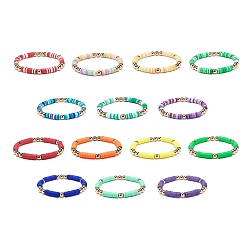 Mixed Color 14Pcs 14 Color Handmade Polymer Clay Disc Surfer Stretch Bracelets Set, Synthetic Hematite Beaded Preppy Bracelets for Women, Mixed Color, Inner Diameter: 2-1/4 inch(5.8cm), 1Pc/color