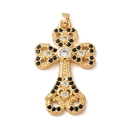 Negro Micro latón allanan colgantes cúbicos del zirconia, encantos cruzados, chapado en rack, larga duración plateado, sin plomo y el cadmio, real 18 k chapado en oro, negro, 44x27x4.5 mm, agujero: 6x2.5 mm