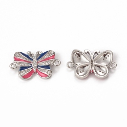 Hot Pink Brass Micro Pave Cubic Zirconia Connector Charms, Enamel Style, Butterfly, Platinum, Hot Pink, 13.5x22.5x3mm, Hole: 1.5mm