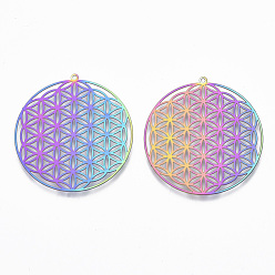 Rainbow Color Ion Plating(IP) 201 Stainless Steel Filigree Pendants, Spiritual Charms, Etched Metal Embellishments, Flower of Life, Rainbow Color, 37x35x0.4mm, Hole: 1.2mm