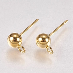 Real 18K Gold Plated 202 Stainless Steel Stud Earring Findings, with 304 Stainless Steel Pins and Loop, Real 18K Gold Plated, 16x7.5mm, Hole: 1.2mm, Ball: 5mm, Pin: 0.8mm